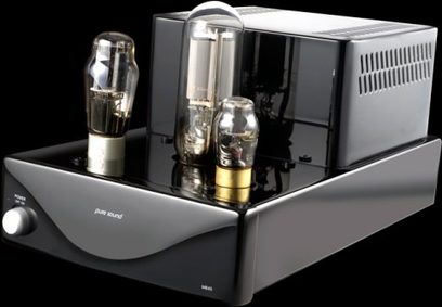Puresound M845 sort hi-fi stereforstærker, frontvisning, med 2 vakuumrør og 2 forgyldte knapper øverst på det metalliske kabinet