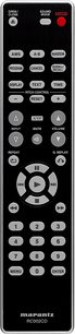Sort Marantz RC002CD fjernbetjening med grå og røde knapper, LED-display, CD-afspilnings- og lydindstillingsfunktioner