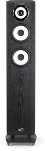 Cabasse Java MC40 black ebony column speaker with 3 white and black circular drivers on a textured black wood front panel