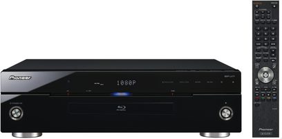 Pioneer BDP-LX71 sort Blu-ray-afspiller, set forfra, med blåt display, knapper og diskskuffe, sort fjernbetjening