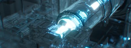 Close-up view of a luminous transparent cylinder surrounded by complex geometric glass structures