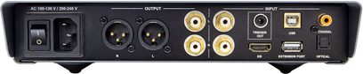NuPrime AMG DAC, vista posteriore, metallo nero, XLR, RCA, USB, ottico, coassiale, I2S, interruttore e presa IEC