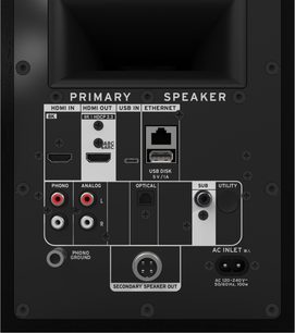 Smarter Lautsprecher Klipsch The Fives II schwarz, Rückansicht mit HDMI-, USB-, Ethernet-, RCA- und optischen Anschlüssen
