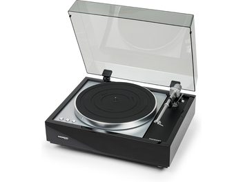 Thorens TD 1600 must hi-fi vinüülplaat, tõstetud kaanega, metallist plaat, lugemisõlg, parempoolsed juhtnupud
