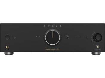 Integrert forsterker Onkyo ICON A-50 i svart metall, frontvisning, stor sentral volumknapp, hodetelefonutgang, inngangsvelger