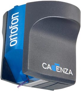 Ortofon Cadenza Blue Tonabnehmer-System in blauer und grauer Verpackung, metallisch-grauer Körper, violettes Kabel