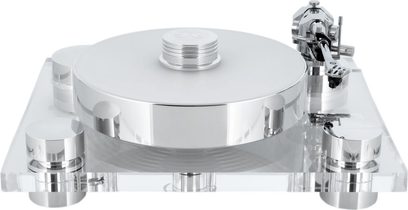 Transrotor Bellini RB880 hi-fi pladespiller i sølv, poleret aluminium på transparent akrylchassis, set forfra i let fugleperspektiv, med massivt pladetallerken, centralt lejevægt og cylindriske kromfødder