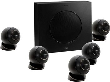 Pack 5.1 Eole 4 negro Cabasse compuesto por un subwoofer cúbico y 5 altavoces esféricos negros sobre pedestales, vista frontal