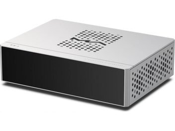Transport numérique Matrix Audio TT‑1 en aluminium argent mat, façade avant noire lisse, motif de ventilation en S sur le dessus, grilles latérales perforées, vue trois‑quarts avant