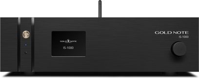 Gold Note IS-1000 entegre hi-fi amplifikatörü siyah, fırçalanmış alüminyum ön panel, orta ekran, sağ düğme, mavi LED, önden görünüm