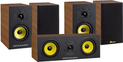 Sada reproduktorů Davis Acoustics Dufy 3D + Centrální 3D ořech, 5 černých reproduktorů se žlutými měniči, pohled zepředu