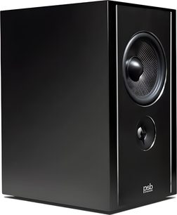 Reproduktor PSB Synchrony B600 v černém laku, lesklý pohled ze tří čtvrtin, texturovaný woofer, tweeter, logo PSB
