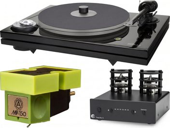 Giradischi nero con testina Nagaoka MP-150 verde e preamplificatore phono Pro-Ject Tube Box E a due valvole
