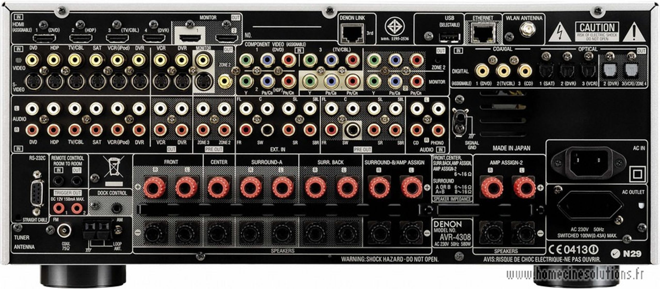 Amplituner kina domowego Denon AVR-4308, widok z przodu, liczne przyciski, złącza i wyświetlacze
