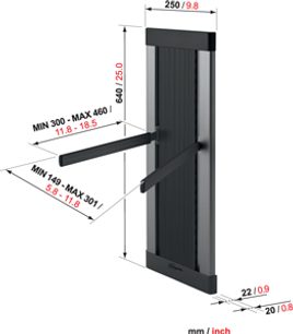 Vogel's EFA 8835 sort kabelbakke, set forfra med dimensioner i mm og tommer, der viser strukturen og åbningsmekanismen