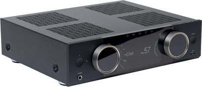 Onkyo Y-50 sort stereo hi-fi-forstærker, sort, med glasfront, stort HDMI-display og to store gyldne drejeknapper