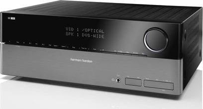Harman Kardon HK 3490 sort hi-fi stereoforstærker, frontvisning, VFD-display, knapper og kontrolhjul på forsiden