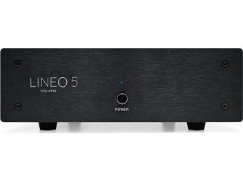 Separat strømforsyning for elektronikk HI-FI Volumio Lineo5, frontvisning, rektangulært svart kabinett, sentral knapp, 4 skruer