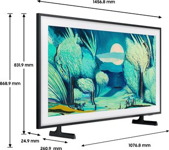 Televisore ad alta definizione Samsung TQ65LS03FAU 2025 vista laterale con cornice nera sottile, bordo bianco e schermo che mostra un'opera d'arte