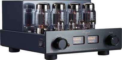 Stereo lampový zesilovač Cayin Jazz 80 KT88 černý, kovový rám s kartáčovaným hliníkovým čelem, šest viditelných skleněných elektronek, dva oranžové VU metry, dva velké lesklé černé otočné knoflíky, pohled z levého předního tříčtvrtečního úhlu
