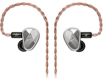 Šedá sluchátka do uší Astell&Kern Clarus s měděným pleteným kabelem, pohled zepředu
