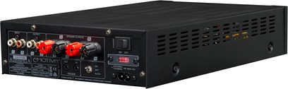 Emotiva BASX A-100 stereo hi-fi forstærker, sort frontpanel med knapper, stik og røde indikatorlys, set forfra