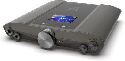 Convertidor DAC portátil iFi Audio iDSD Valkyrie negro, vista frontal, gran botón de volumen central y pantalla en color