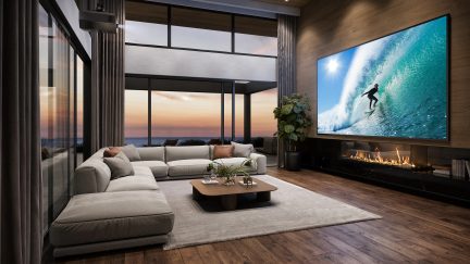 Sala moderna con sofá esquinero beige, mesa de centro de madera, chimenea, gran televisor, ventanales, cortinas grises