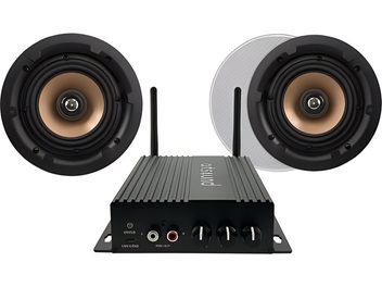 Conjunto ArtSound SMART HPRO525 com dois altifalantes de encastrar redondos com cone em cobre e amplificador preto com antenas