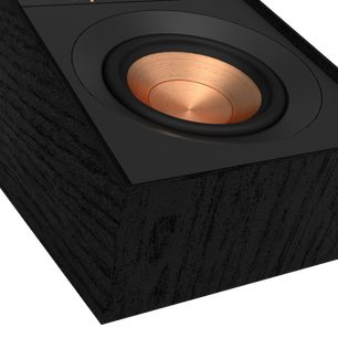 Enceinte Klipsch R-40SA noire, vue rapprochée de dessus montrant le haut-parleur circulaire en cuivre dans un boîtier carré