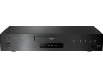 4K Blu-ray přehrávač Panasonic DP-UB9000EG1 černý, přední panel s LED displejem, tlačítky a zásuvkou, pohled zepředu