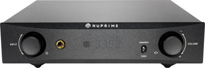 Stereo předzesilovač Nuprime PRA-9X černý, pohled zepředu, s jackovými vstupy a ovládacími tlačítky na předním panelu