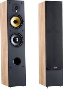 Reproduktory Davis Acoustics Ariane 5 v světlém dubu, dřevěné skříně, pohled 3/4, výškový reproduktor, žlutý středový reproduktor, basový reproduktor, přední basreflex
