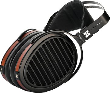 Atviro tipo aukštos kokybės ausinės Hifiman Arya Organic, juodos spalvos lankelis, juodos ir medienos ausinių gaubteliai, juodos pagalvėlės, atjungiamas juodas kabelis