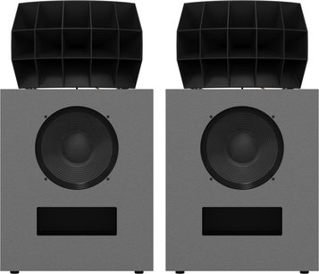 Par Klipsch kO-R2 Hammertone Grey-højttalere set forfra med grå finish, stor sort højttaler og øvre horn