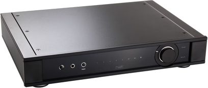 Ampli hi-fi stereo Rega Elicit MK5 černý, pohled zepředu, přední panel s tlačítky a konektory, kovový obdélníkový kryt