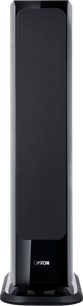 Canton Vento 81 black floorstanding speaker front view with front grille and glossy finish on black base