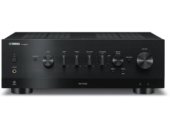 Ampli hi-fi stéréo Yamaha R-N800A noir, vue de face, boutons et prises en façade, 2 molettes de réglage, afficheur central