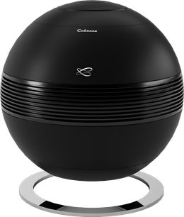 Subwoofer Cabasse The Pearl SUB mat sort, ovalt kabinet i glat komposit med vandret rillet midterbånd, monteret på en kromfarvet metalstøttering, set forfra