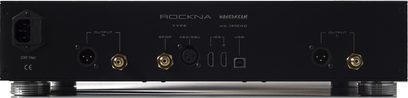 Convertor audio DAC Rockna Wavedream negru, față frontală cu conectori și butoane de control, vedere frontală