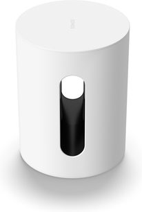 Sonos Sub Mini beyaz mat subwoofer kasası, ön görünüm, dikey silindirik şekil ve merkezde siyah oval açıklık