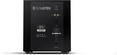 Subwoofer Perlisten R10s, vista posteriore, pannello nero con connettori, iscrizioni, logo, piedini metallici visibili