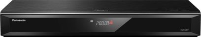 Panasonic DMR-UBT1EC sort Blu-ray-optager, set forfra, LED-display "200.00", knapper og skuffe på forsiden