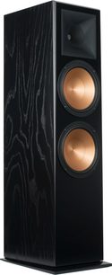 Klipsch RF-7 III siyah kolon hoparlör, ön görünüm, siyah ahşap damarlı ön panelde iki altın renkli yuvarlak hoparlör