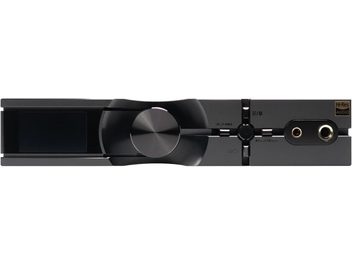 Black hi-fi headphone preamp in rack format, large central knob, screen on the left and two jack outputs on the right side of the front panel