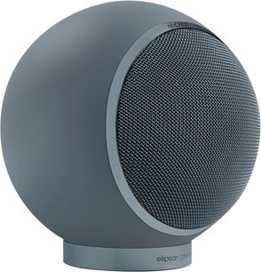 Kompakt hi-fi-højttaler Elipson Planet M Neptune Stone, matgrå sfærisk med metalkabinet, stor flettet frontgitter og cylindrisk fod, set fra trekvart forfra