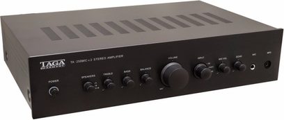 Hi-fi stereo forstærker Taga Harmony TA-250MIC v2, set forfra, sort kabinet, kontrolknapper, indgangsstik