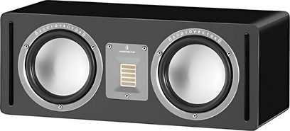 AudioVector QR C sort højttaler, piano-sort, to runde højttalere, centralt rektangulært digitalt display