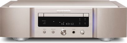 Odtwarzacz CD Marantz SA-10 w kolorze srebrno-złotym, widok z przodu, wyświetlacz LCD, przyciski sterujące i szuflada na płytę
