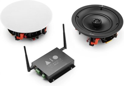 Amplificador hi-fi estéreo Triangle AIO PRO A50, dois altifalantes redondos pretos, amplificador retangular preto, vista superior